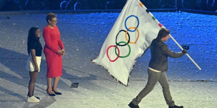 The Olympic flag in Los Angeles for 2028